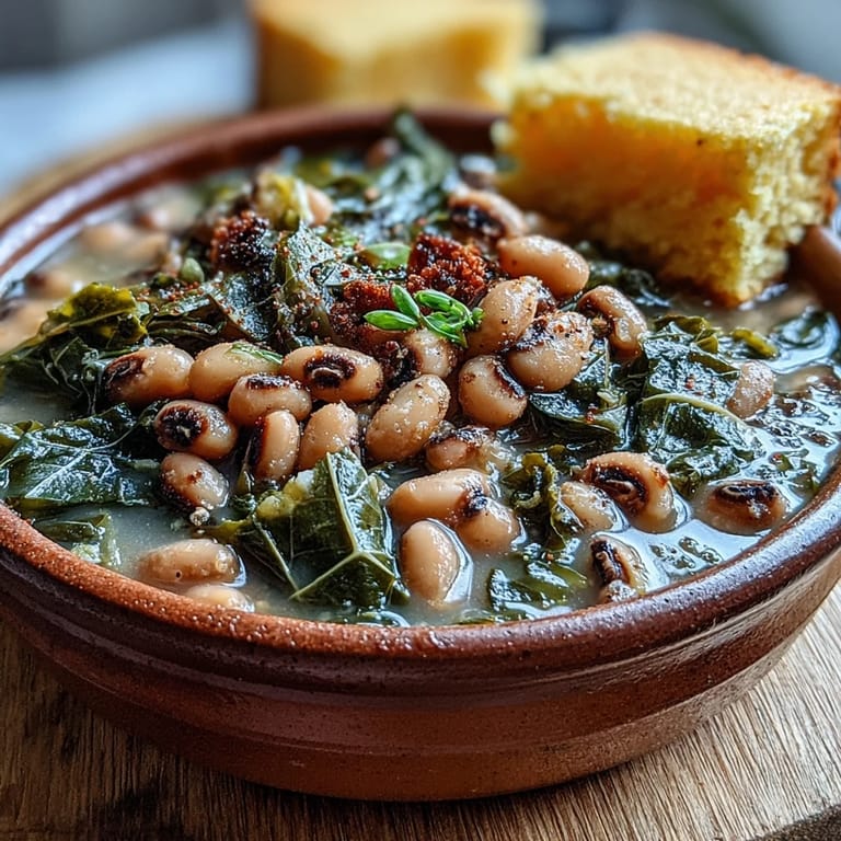 A hearty Southern bowl of Black-Eyed Peas With Collard Greens, featuring tender greens and rich peas ready to be ladled onto plates.