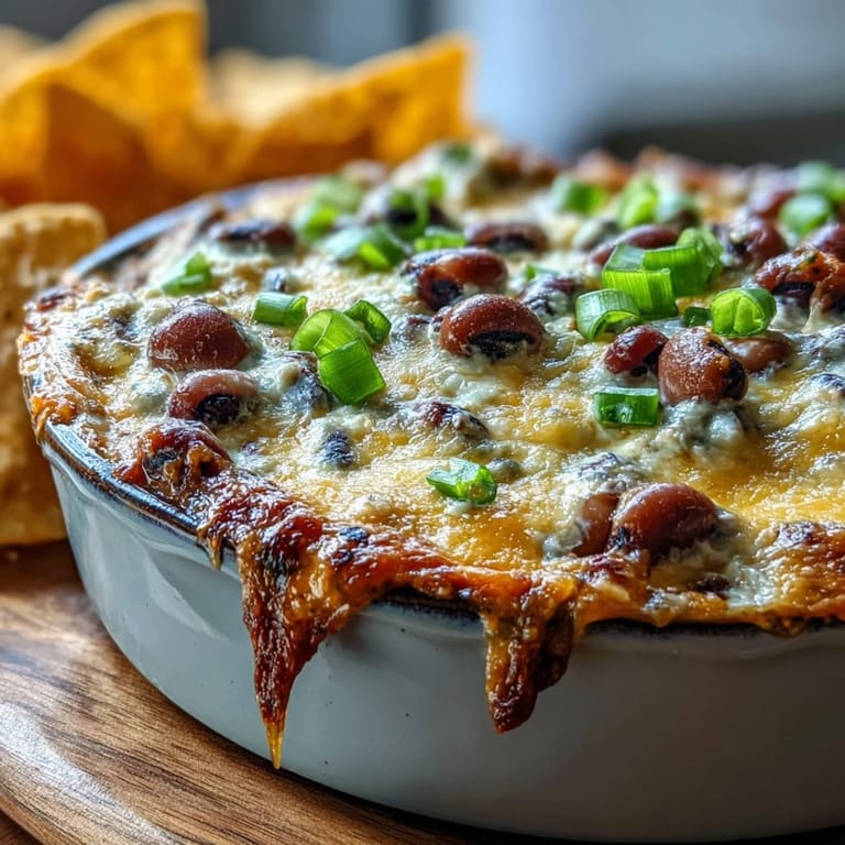 A creamy and cheesy Hot Black-Eyed Pea Dip garnished with fresh green onions and red bell peppers, served warm with tortilla chips.