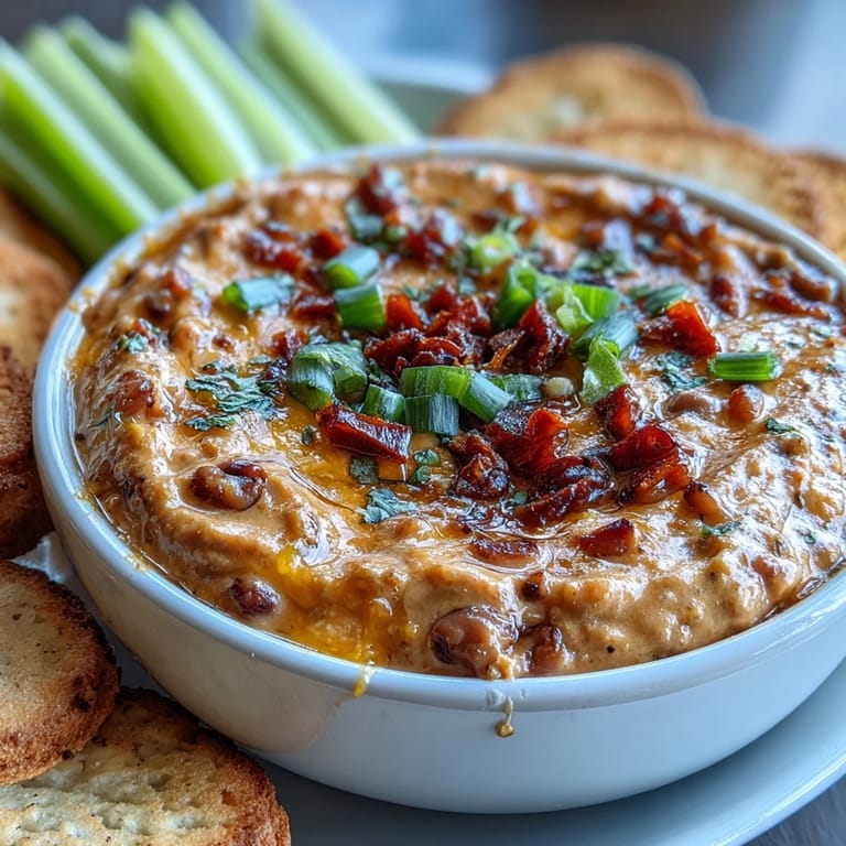 A rustic wooden table displaying Hot Black-Eyed Pea Dip with Jalapeño and Cumin beside a bowl of tortilla chips for dipping.