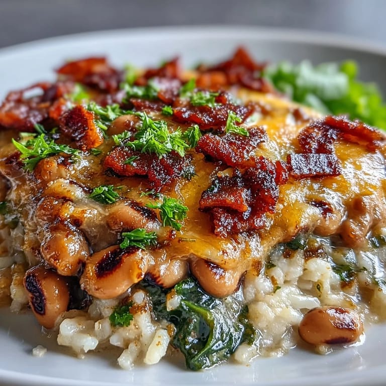 Fresh spinach and diced onions mingle with spicy Rotel tomatoes in this Tex Mex Black Eyed Pea Casserole. 