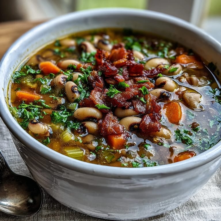 Close-up of a spoon lifting savory Black-Eyed Peas and Bacon Soup filled with tender vegetables.