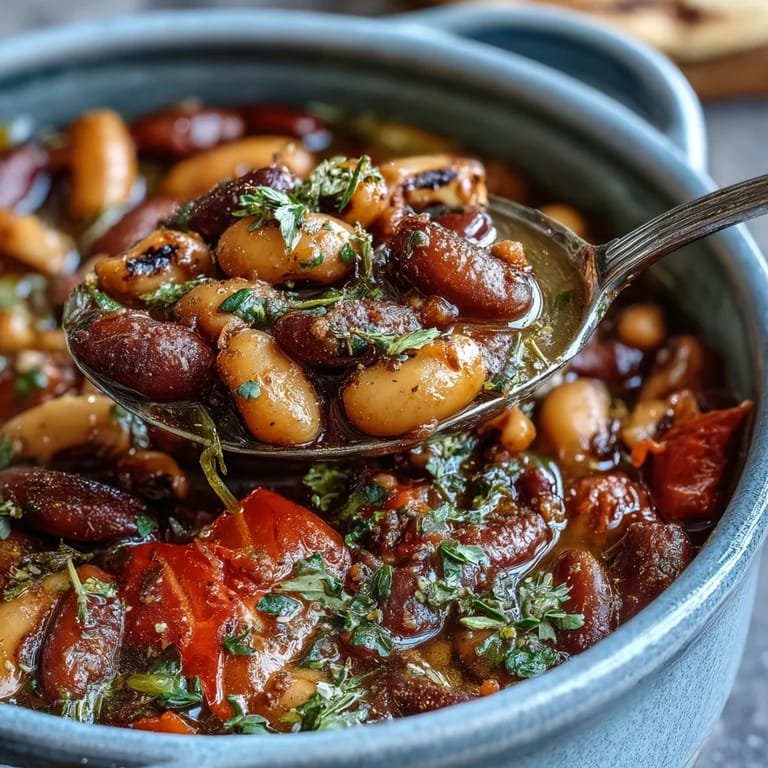 Tender Greek-Style Slow Cooker Black-Eyed Peas stew with diced carrots, red bell peppers, and onions in a savory Mediterranean sauce.