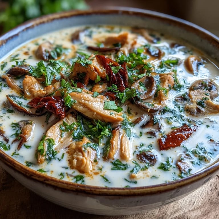 Golden Tom Kha Soup in a white bowl, fragrant steam rising from coconut broth with Thai chilies and herbs.