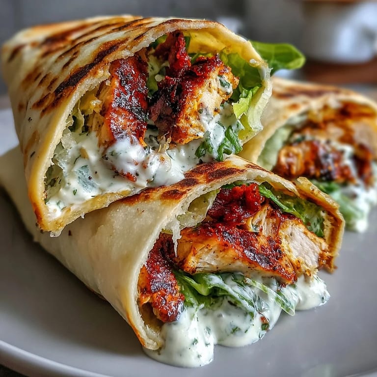 A close-up shows a torn Garlic Naan Grilled Chicken Caesar Wraps revealing juicy chicken, cherry tomatoes, and Caesar dressing inside warm flatbread, with extra Parmesan sprinkled on top.