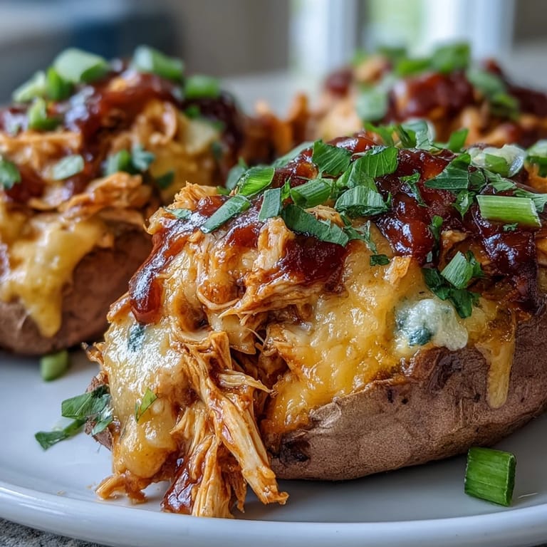 Gluten-free honey BBQ chicken filling overflowing from fluffy sweet potatoes topped with fresh herbs.