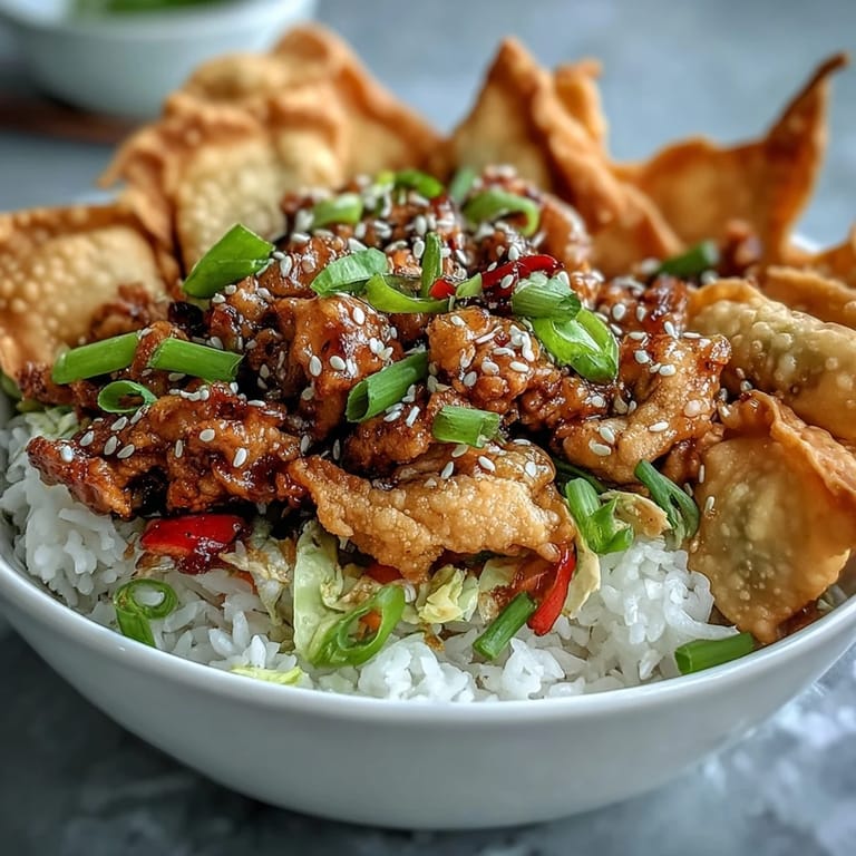 Golden baked wonton strips add irresistible crunch to a deconstructed egg roll bowl, garnished with fresh green onions and sesame seeds.