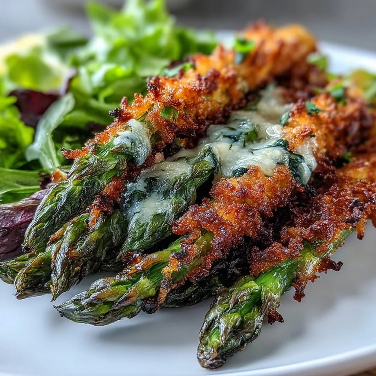 Zesty lemon dressing drizzled over Crispy Parmesan Asparagus Chicken Salad served with a glass of white wine.