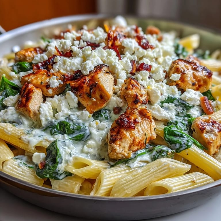Freshly cooked Greek Chicken Feta Pasta Skillet with bright lemon zest, crumbled feta, and sautéed spinach making a rich Mediterranean dinner for four.