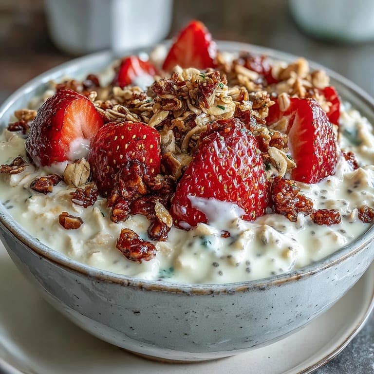 Delicious Strawberry Overnight Oats with Chia Seeds and Granola: A healthy, make-ahead breakfast featuring sweet strawberries, protein-rich chia seeds, and crispy granola in every bite.