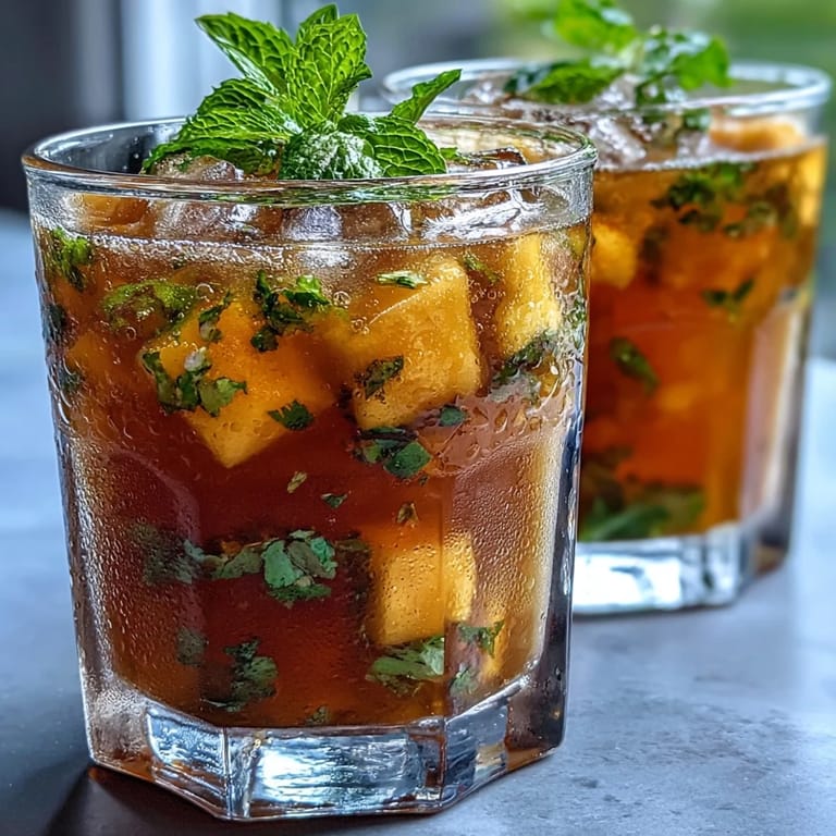 Fruity mango peach iced tea with bright mint garnish, served over ice for a cool summer sip.