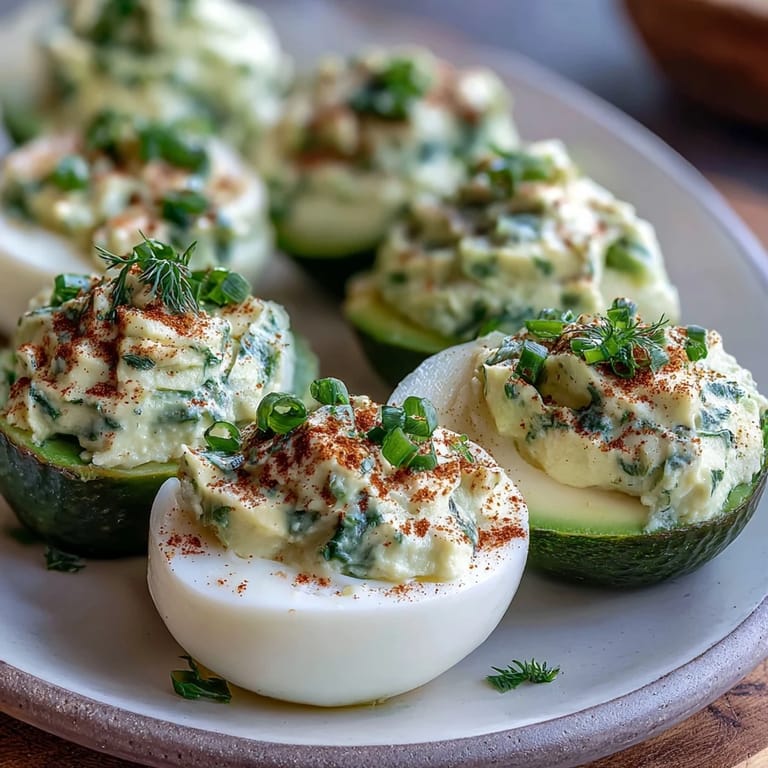 Fresh, colorful avocado deviled eggs bursting with flavor, ideal for spring gatherings or brunch.