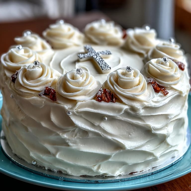 Elegant First Communion Cake featuring tender layers, fondant roses, and a shining cross decoration