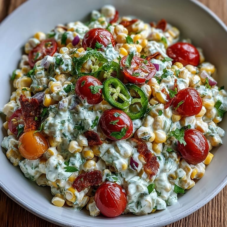 A colorful bowl of Creamy Corn Salad with Jalapeño, perfect for summer barbecues or as a zesty side dish.  