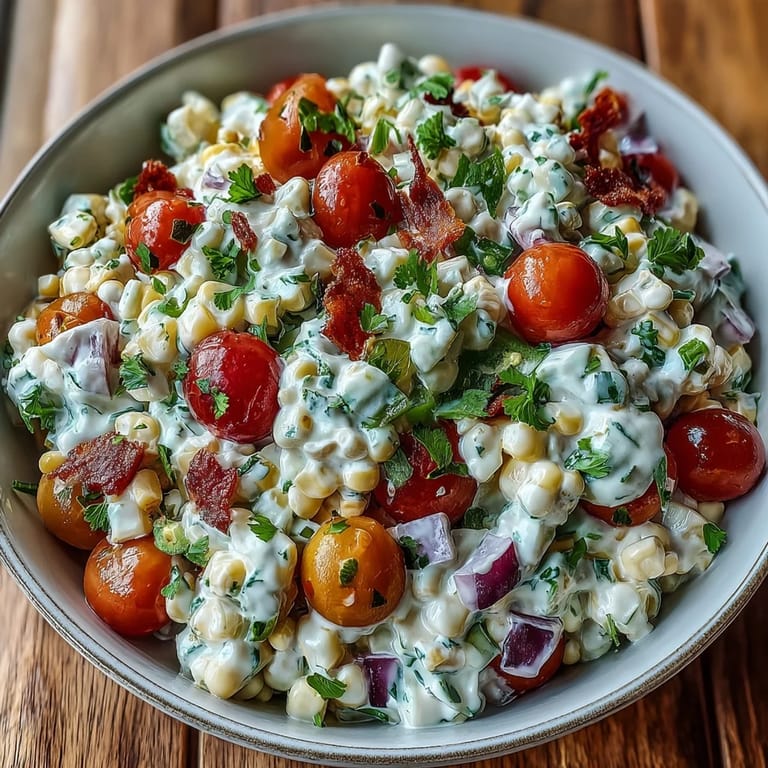 Creamy Corn Salad with Jalapeño features sweet corn, red bell pepper, and a hint of spice, tossed in a cool, creamy dressing.