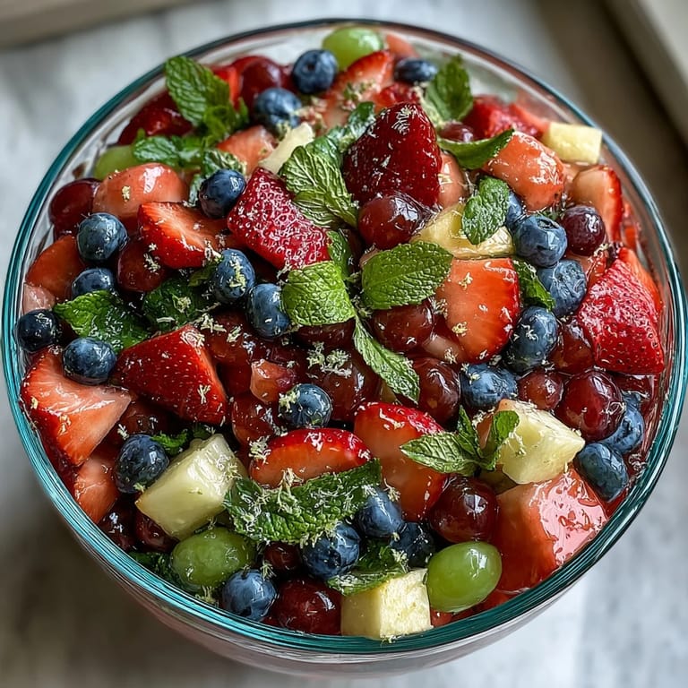 Bright and colorful fruit salad with strawberries, watermelon, and blueberries, drizzled with zesty lemonade glaze.
