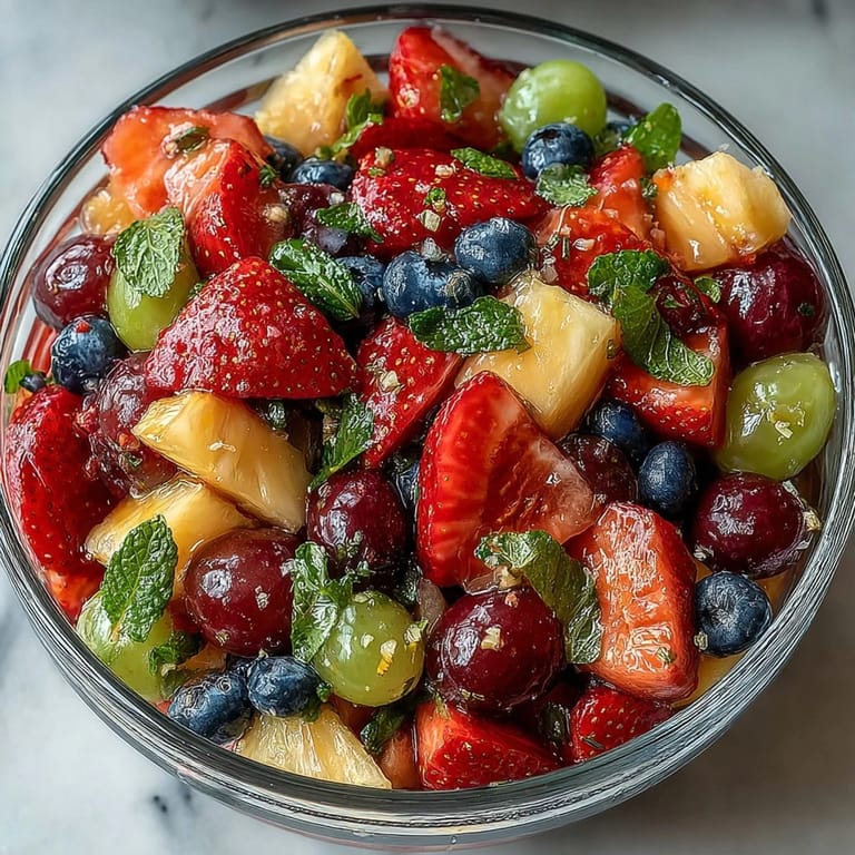 Refreshing summer fruit salad featuring strawberries and grapes tossed in homemade lemonade dressing, garnished with mint.