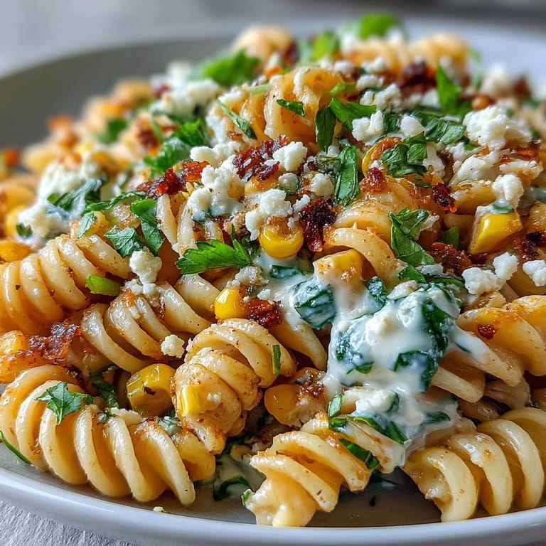 Mexican-inspired Elote Corn Pasta featuring sweet corn, smoky paprika, and crumbled Cotija cheese.  