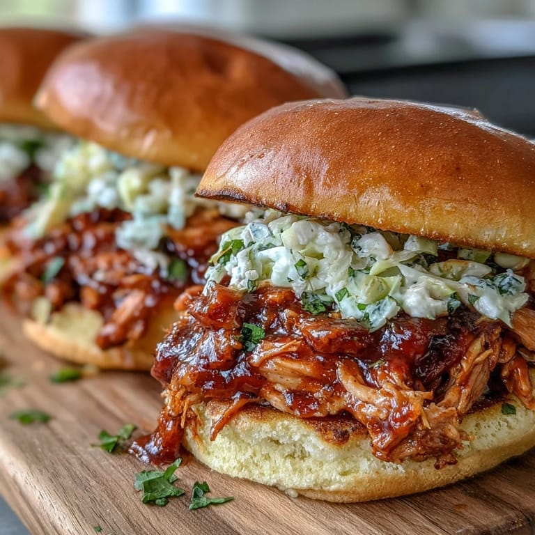 Slow-cooked pulled BBQ chicken piled high on soft buns, topped with creamy coleslaw for a tangy crunch.