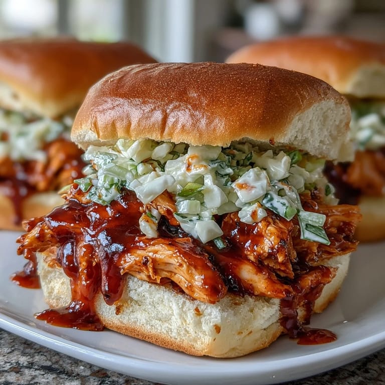 Tender pulled BBQ chicken in rich, tangy sauce, layered on a bun and finished with crisp, zesty coleslaw.