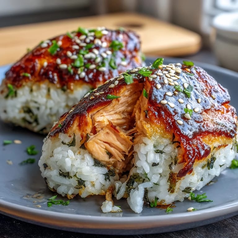 Savory grilled salmon onigiri presented warm, a delightful Japanese snack with crispy rice.