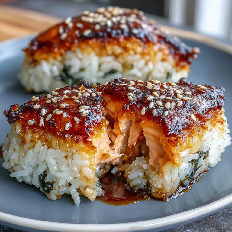 Tender grilled salmon onigiri, shaped and seared for a satisfying, portable bite.