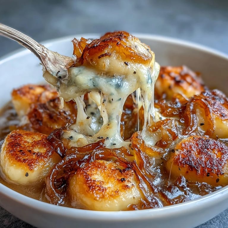 Rich, caramelized onion soup with tender gnocchi and toasted bread topping.