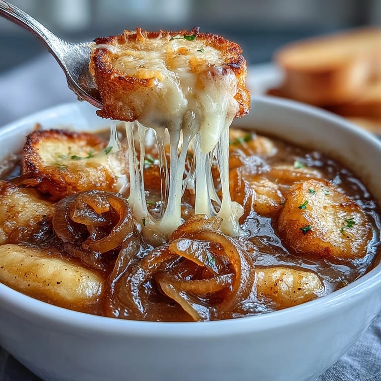 Comforting Gnocchi French Onion Soup in a rustic bowl, ready to enjoy.