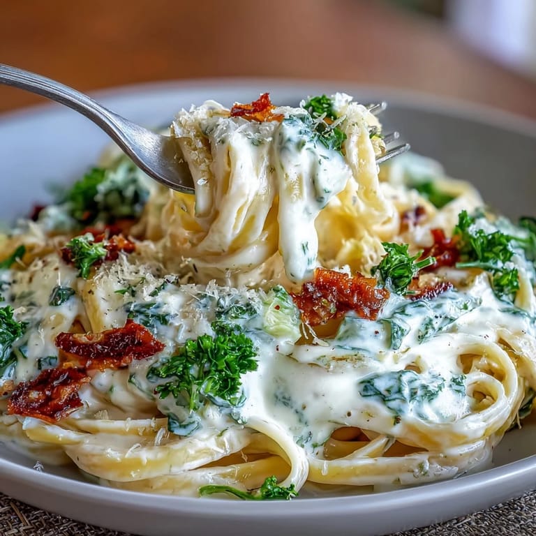 Savor tender fettuccine coated in rich creamy cabbage Alfredo sauce, a delightful meal.