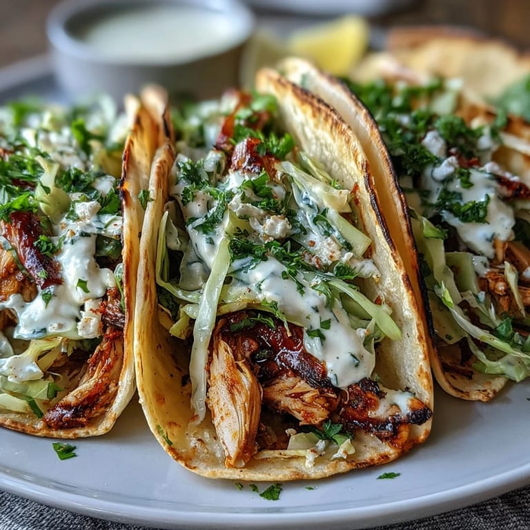 Fresh roasted chicken cabbage tacos piled high with colorful, crisp slaw and crema.
