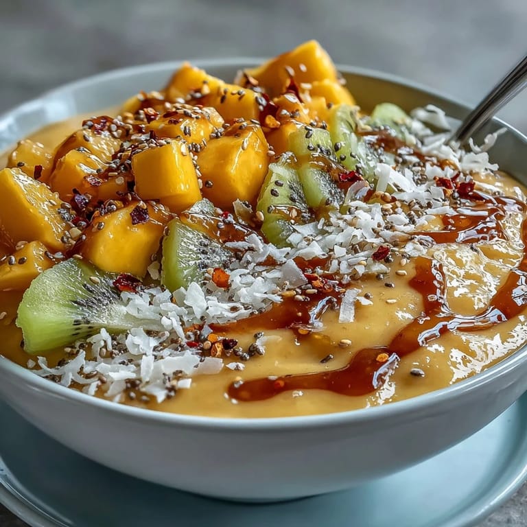 Close-up of creamy Mango Chili Lime Smoothie Bowl, topped with kiwi and granola.