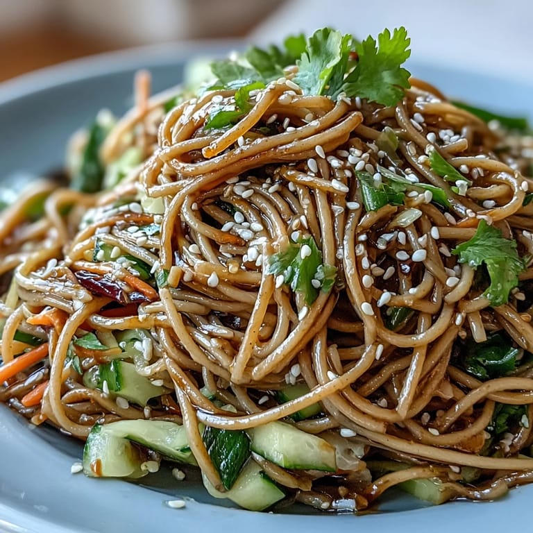 Refreshing cold soba noodle salad, a healthy, crisp dish with a flavorful ginger kick.