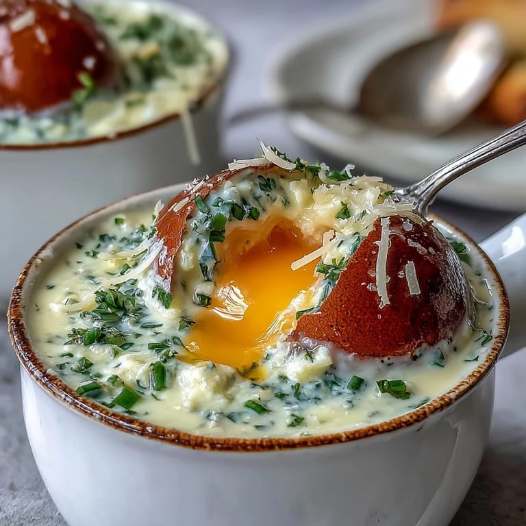 Golden-brown rimmed Easter Eggs en Cocotte, ready for a decadent brunch spread.