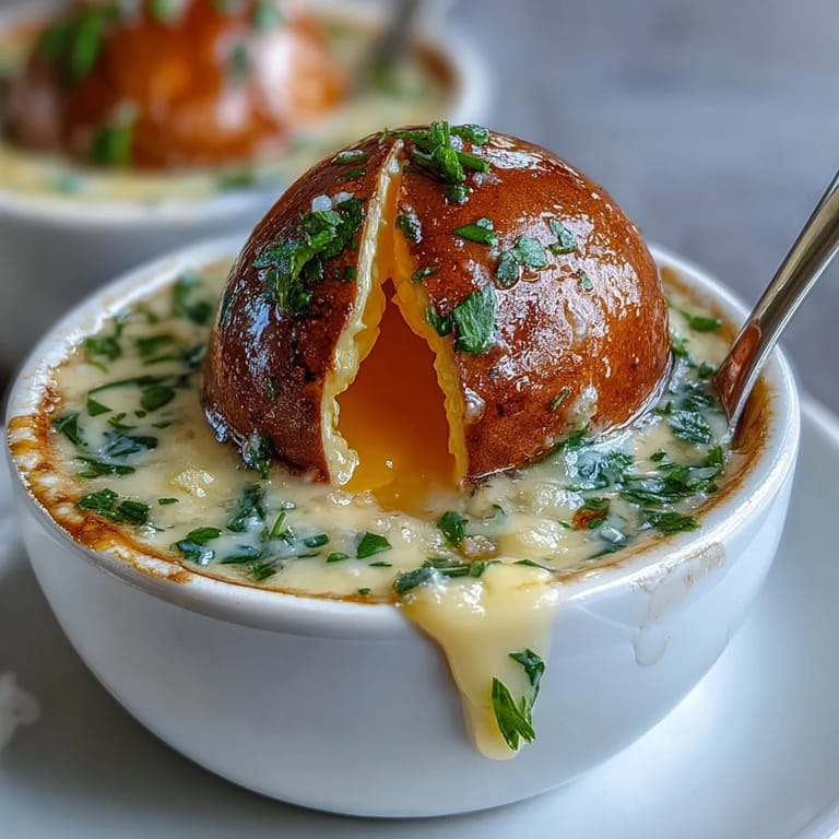 Four individual Easter Eggs en Cocotte served warm on a rustic brunch table.