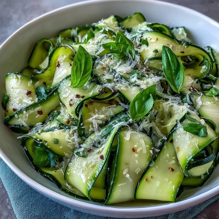 Light Shaved Zucchini Ribbon Salad with Lemon and Parmesan, drizzled with dressing.