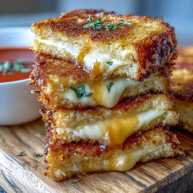 Appetizing mini grilled cheese dippers with warm, rich tomato soup for dipping.