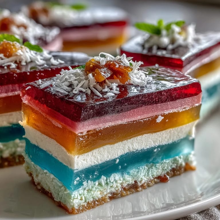 Beautifully layered agar-agar rainbow jelly cake topped with smooth, luscious coconut cream.