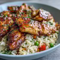 One-Pan Bold Honey BBQ Chicken Rice with tender glazed chicken and fluffy, colorful vegetable rice.