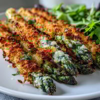 Golden-brown Crispy Parmesan Asparagus Chicken Salad topped with crunchy asparagus and fresh cherry tomatoes.