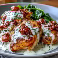 Creamy Tuscan Chicken Skillet with golden seared chicken in rich garlic cream sauce and spinach.