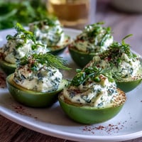 Creamy avocado deviled eggs with fresh herbs, perfect for spring parties and healthy snacking.  