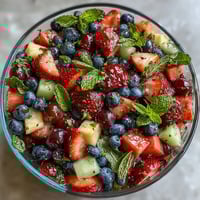 Vibrant strawberry lemonade fruit salad with juicy strawberries, blueberries, and pineapple in a tangy citrus dressing.