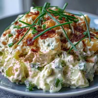 Creamy Classic Deviled Egg Potato Salad with tender potatoes, tangy mustard dressing, and fresh herbs in a serving bowl.
