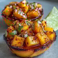 Fresh mango, pineapple, and watermelon cubes in zesty lime and chili seasoning make these vibrant fruit cups a tropical delight.