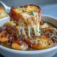 Gnocchi French Onion Soup: bubbly Gruyère cheese melting over soft gnocchi.