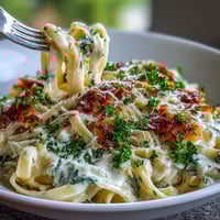 A plate of creamy cabbage Alfredo pasta, garnished with fresh parsley and cheese.