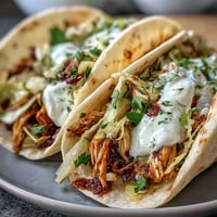 Tender roasted chicken cabbage tacos with zesty lemon crema and crunchy slaw.