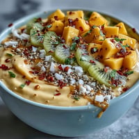 Vibrant Mango Chili Lime Smoothie Bowl with fresh fruit toppings and a hint of spice.