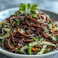 Vibrant cold soba noodle salad, dressed in zesty sesame ginger, a perfect summer meal.