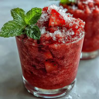 Close-up of a vibrant Frozen Strawberry Lemonade Slushie, perfectly blended and frothy.