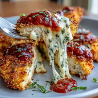 Golden Air Fryer Chicken Parmesan, bubbling mozzarella over tender, crispy cutlets.